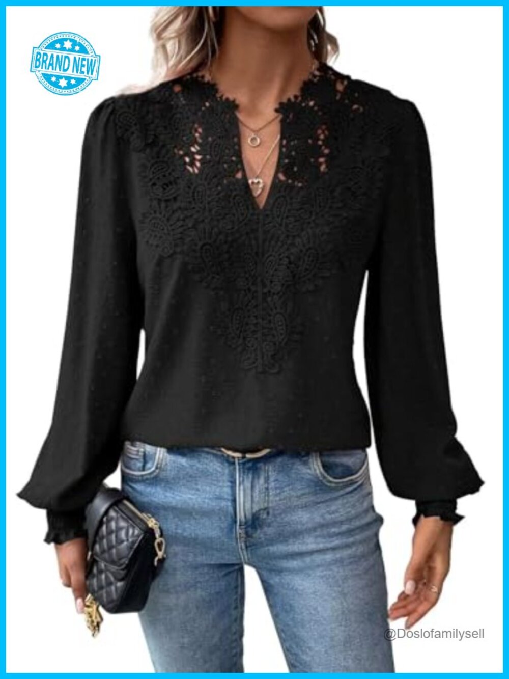 Falechay Womens Boho Flowy Lace Floral V Neck Long Sleeve Blouse Top